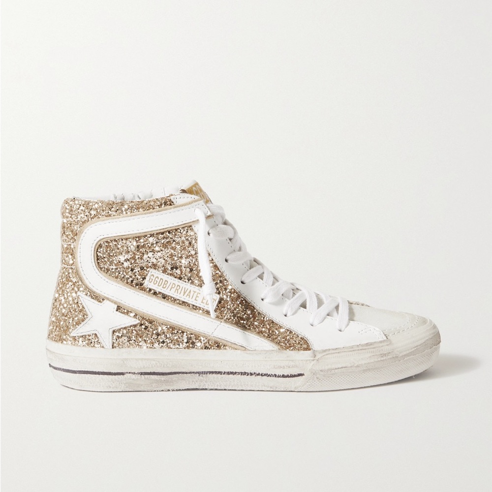 Golden Goose - Slide Distressed Glittered
Leather High-Top Sneakers - Gold